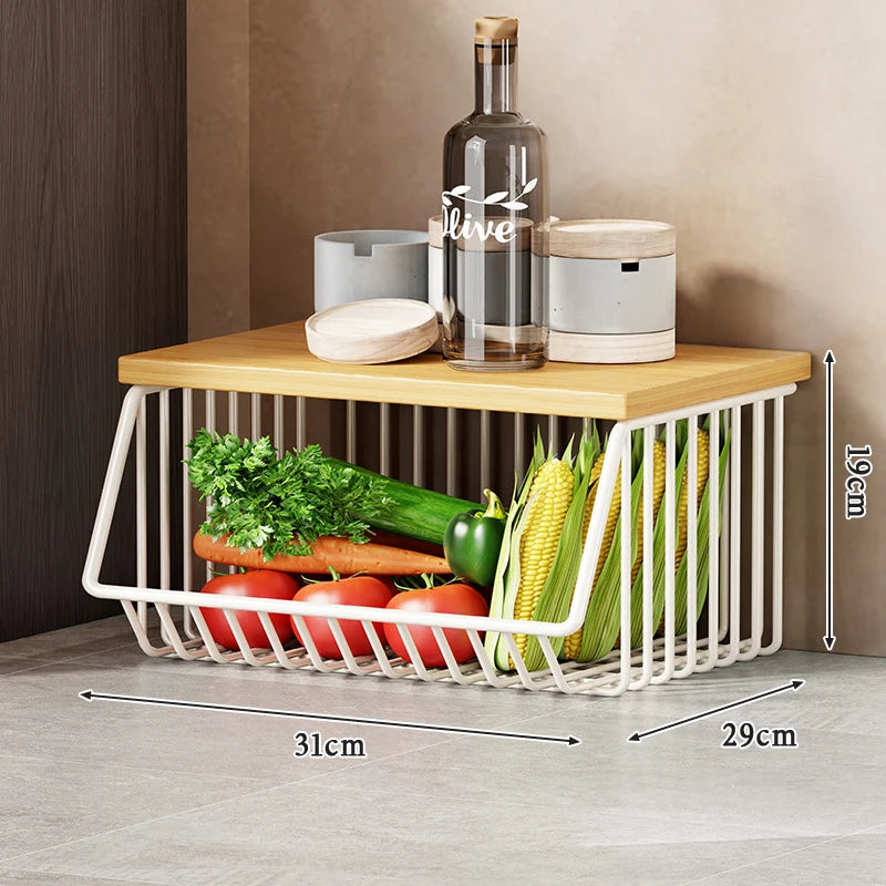 Kitchen Storage Cart Multi-Tier Wire Baskets Wood-Look Top