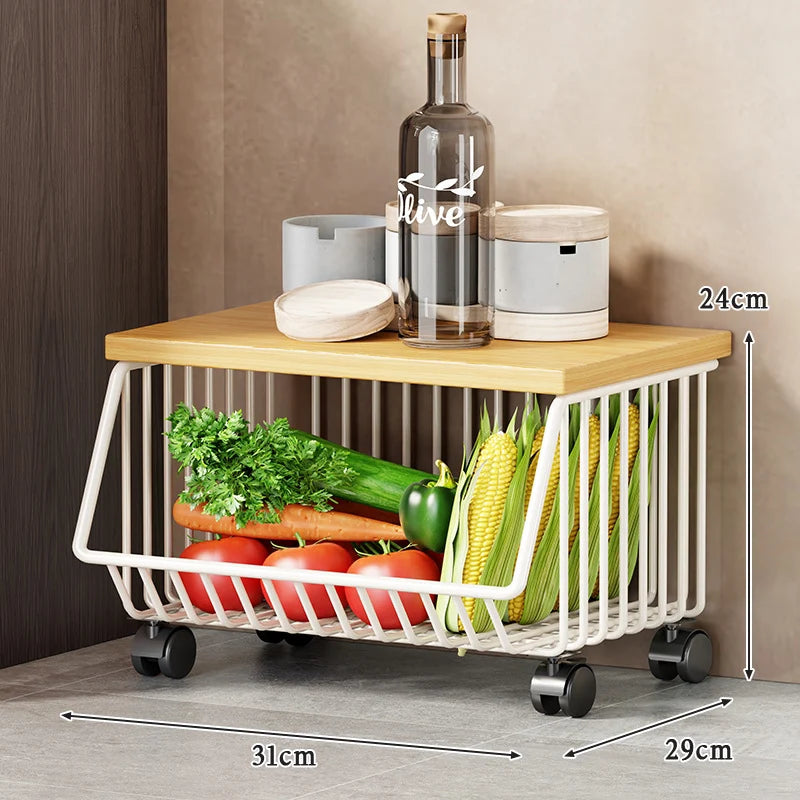 Kitchen Storage Cart Multi-Tier Wire Baskets Wood-Look Top