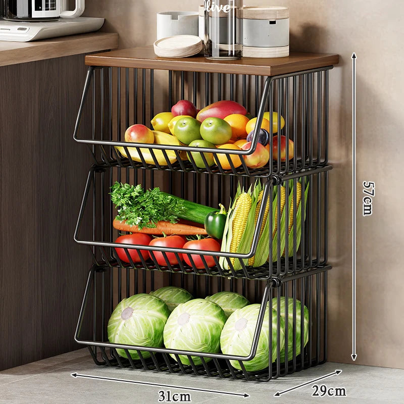 Kitchen Storage Cart Multi-Tier Wire Baskets Wood-Look Top