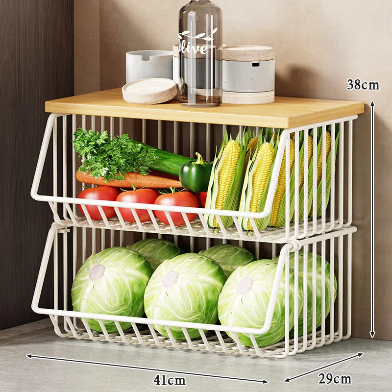 Kitchen Storage Cart Multi-Tier Wire Baskets Wood-Look Top