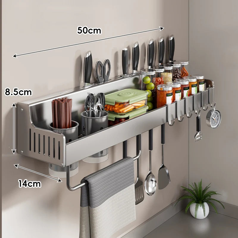 Kitchen Storage Rail Stainless Steel Wall-Mounted Knife Slots & Spice Shelf