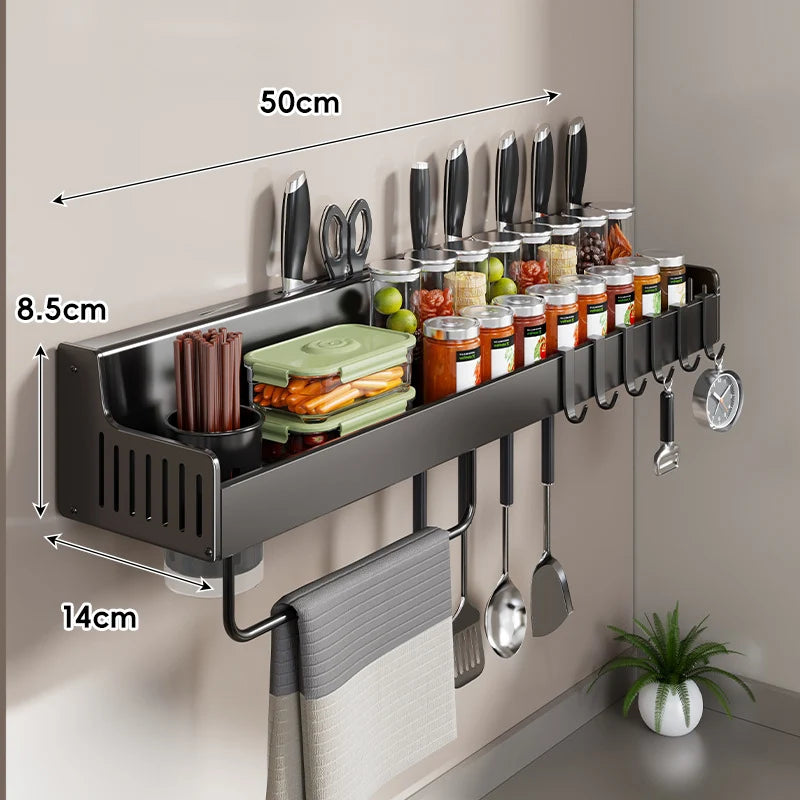 Kitchen Storage Rail Stainless Steel Wall-Mounted Knife Slots & Spice Shelf