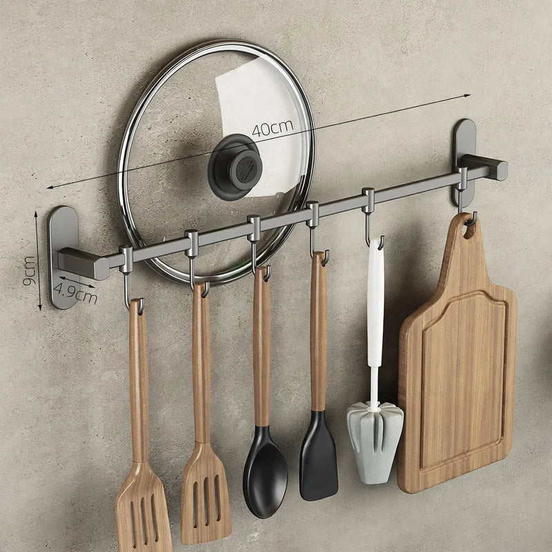 Kitchen Utensil Hook Rail Stainless Steel No-Drill Wall Mount