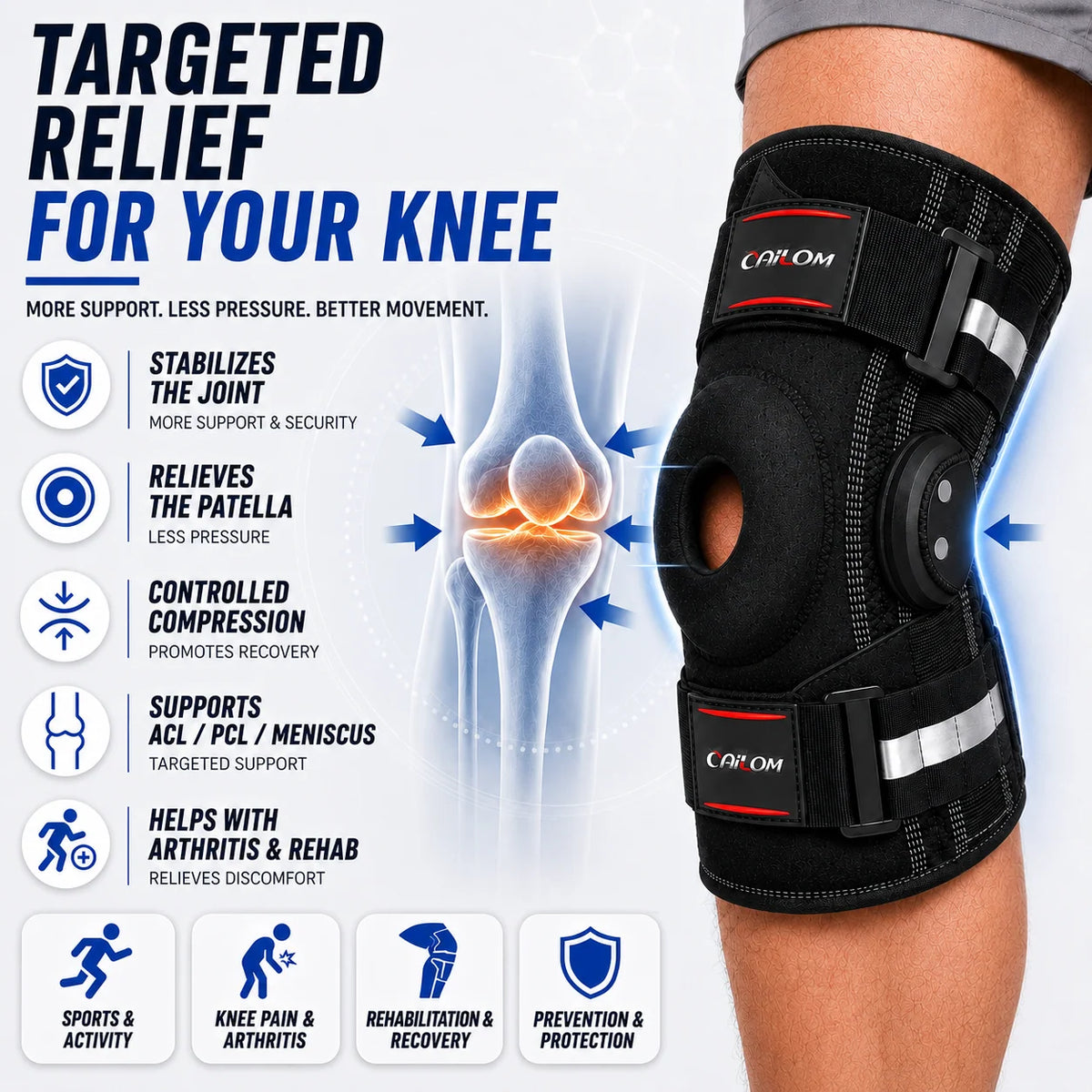 Knee Brace Hinged Side Stabilizers Open Patella Adjustable Straps