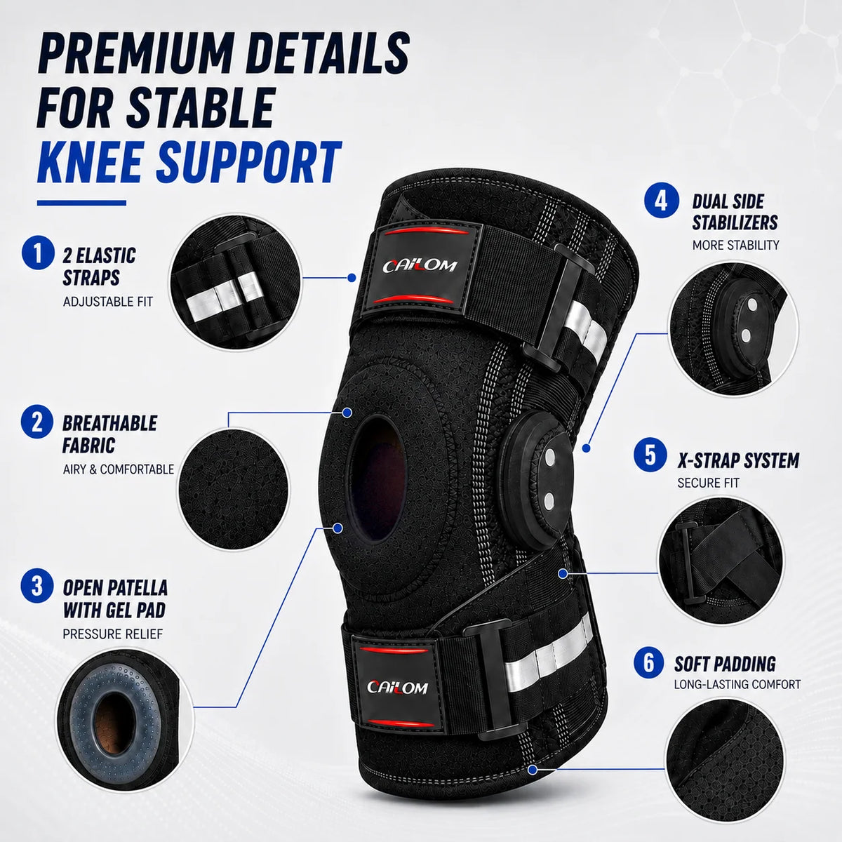 Knee Brace Hinged Side Stabilizers Open Patella Adjustable Straps
