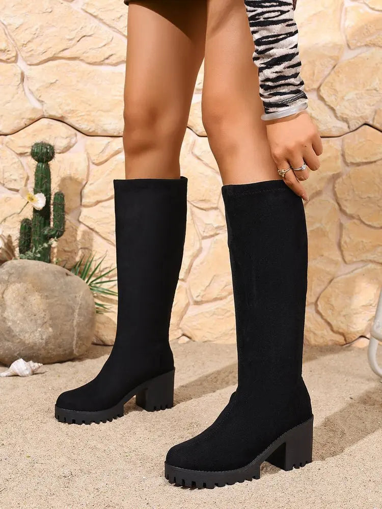 Knee High Boots 2.8 Inch Block Heel Textured Sole