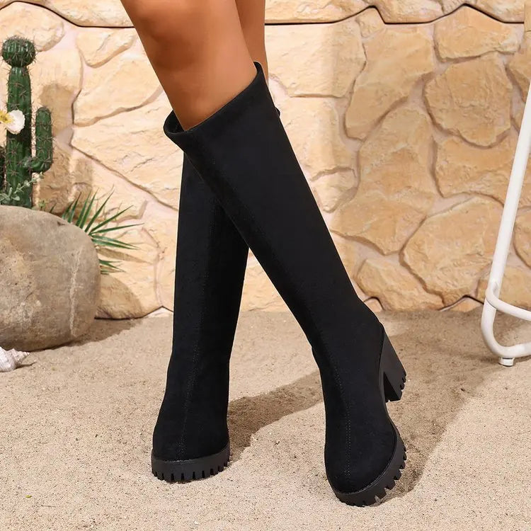 Knee High Boots 2.8 Inch Block Heel Textured Sole