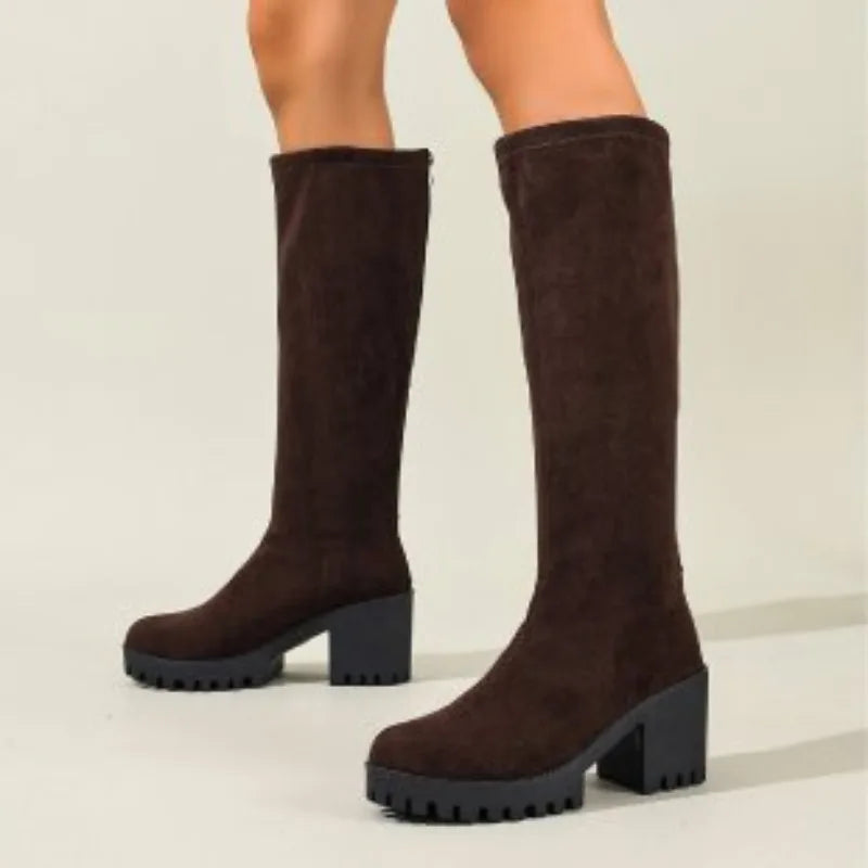 Knee High Boots 2.8 Inch Block Heel Textured Sole