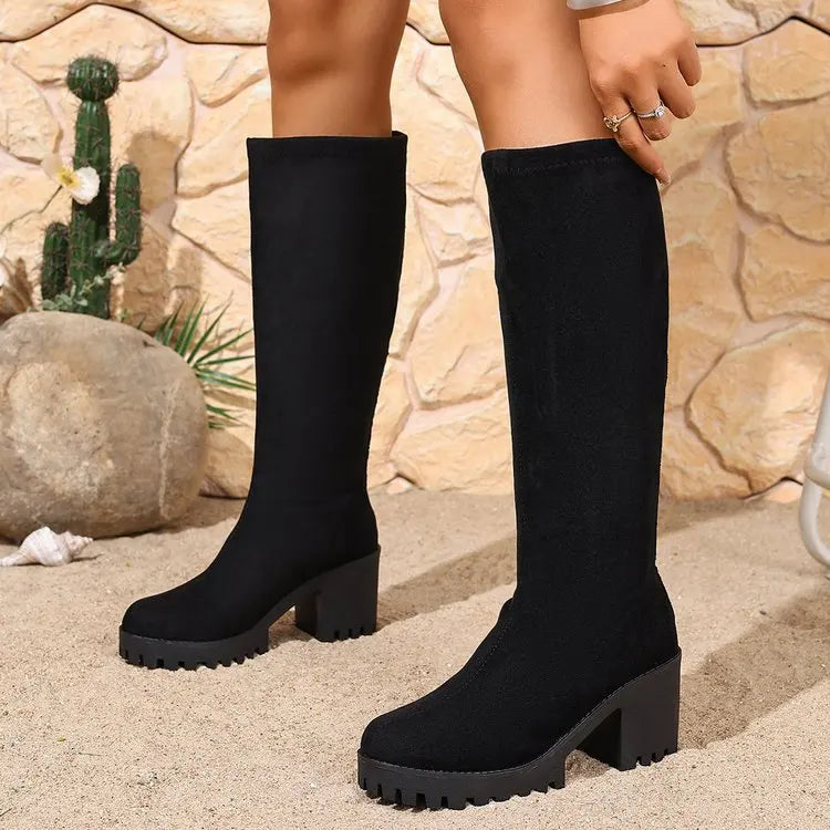 Knee High Boots 2.8 Inch Block Heel Textured Sole