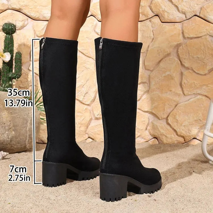 Knee High Boots 2.8 Inch Block Heel Textured Sole