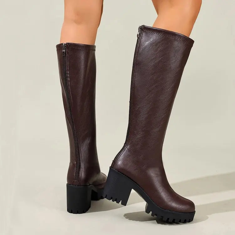 Knee High Boots 2.8 Inch Block Heel Textured Sole