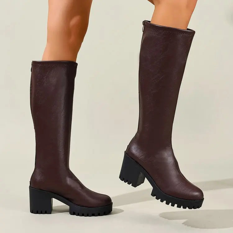 Knee High Boots 2.8 Inch Block Heel Textured Sole