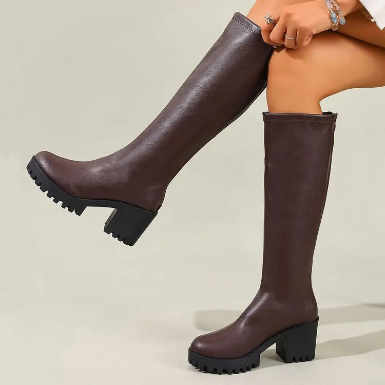 Knee High Boots 2.8 Inch Block Heel Textured Sole