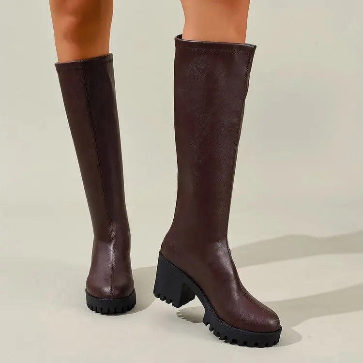 Knee High Boots 2.8 Inch Block Heel Textured Sole