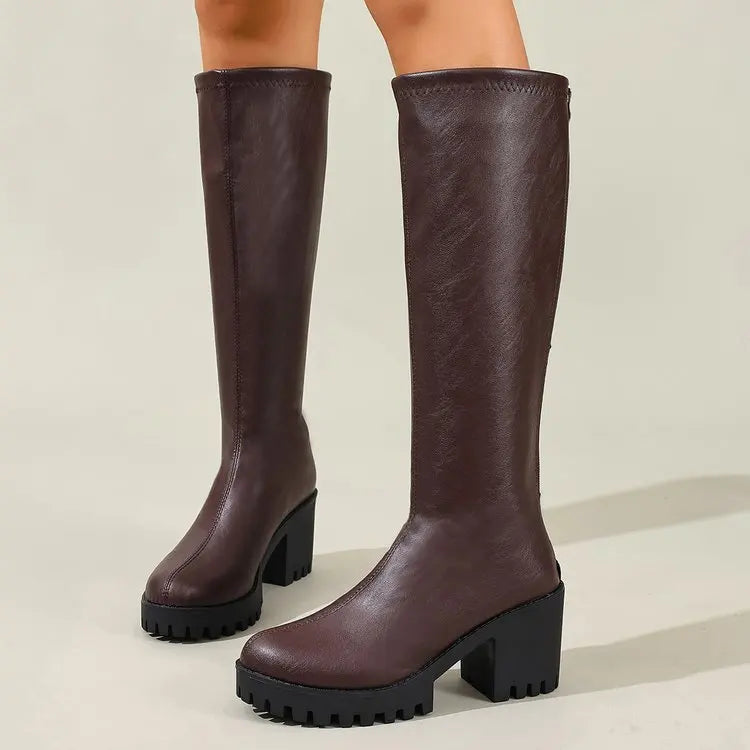 Knee High Boots 2.8 Inch Block Heel Textured Sole