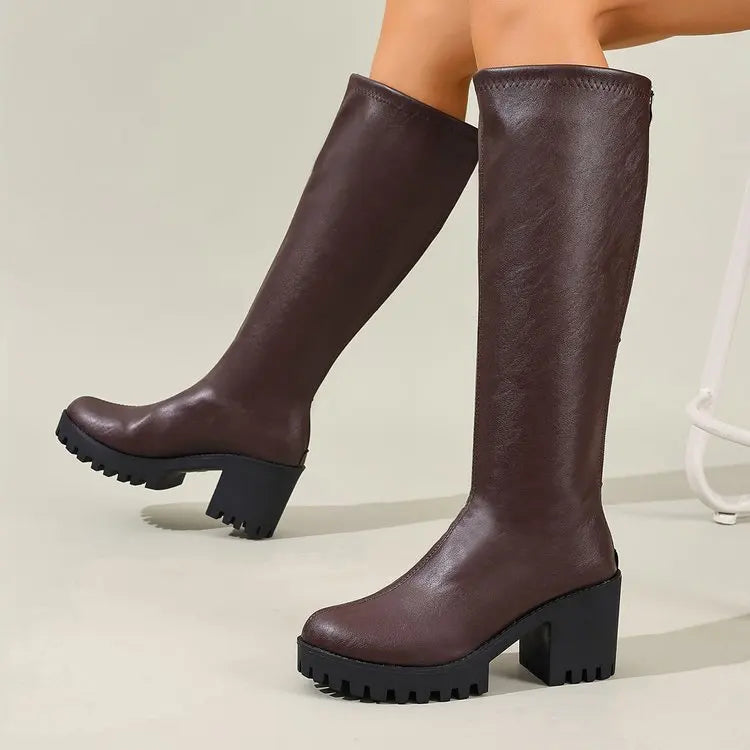 Knee High Boots 2.8 Inch Block Heel Textured Sole