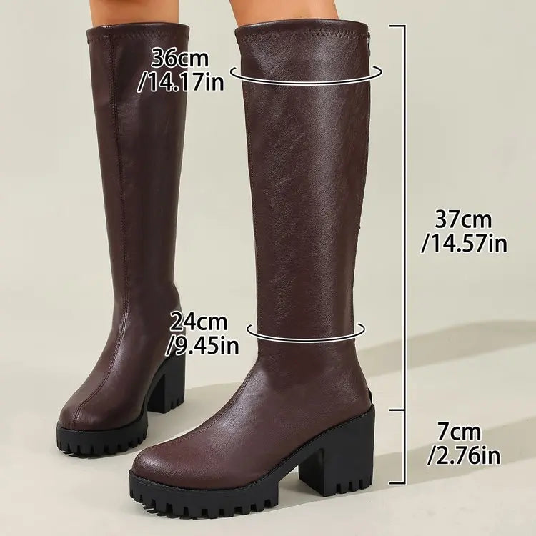 Knee High Boots 2.8 Inch Block Heel Textured Sole