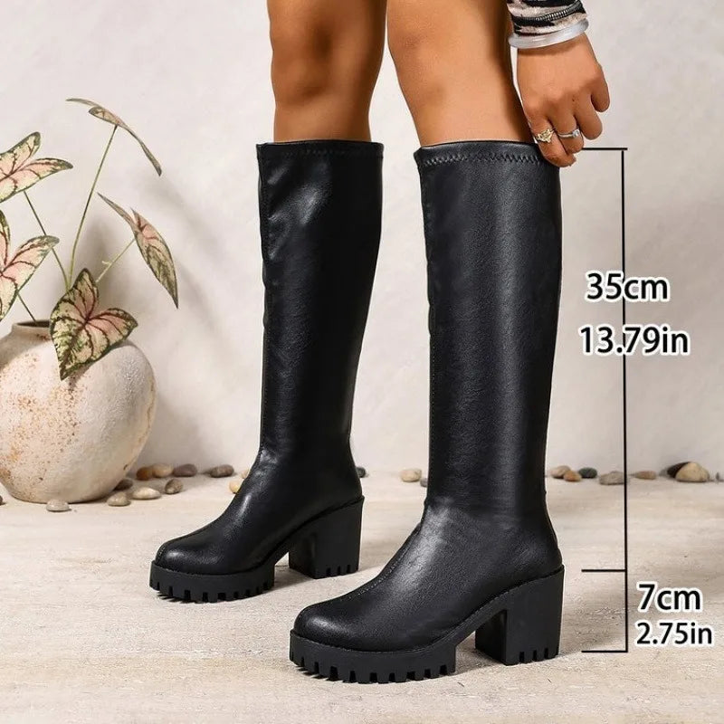 Knee High Boots 2.8 Inch Block Heel Textured Sole
