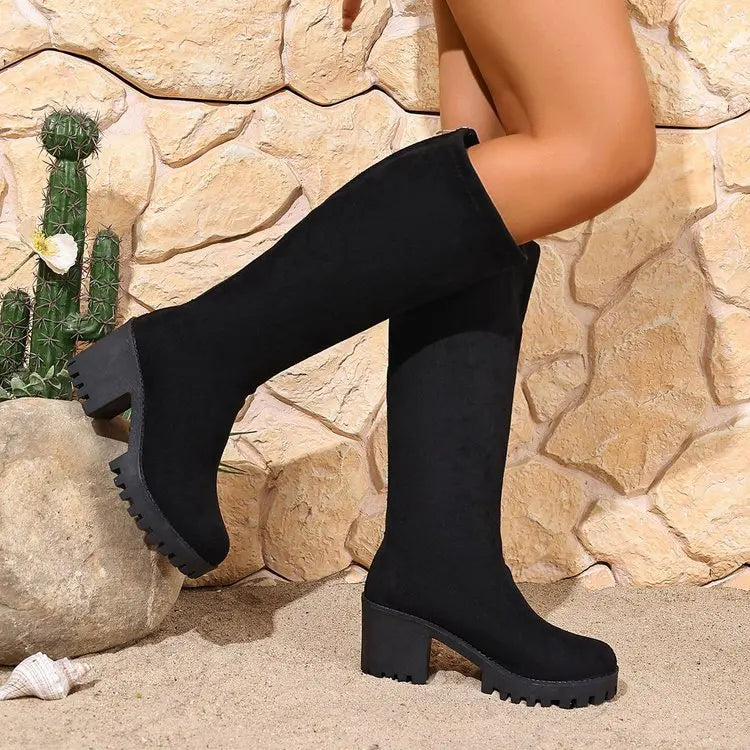 Knee High Boots 2.8 Inch Block Heel Textured Sole