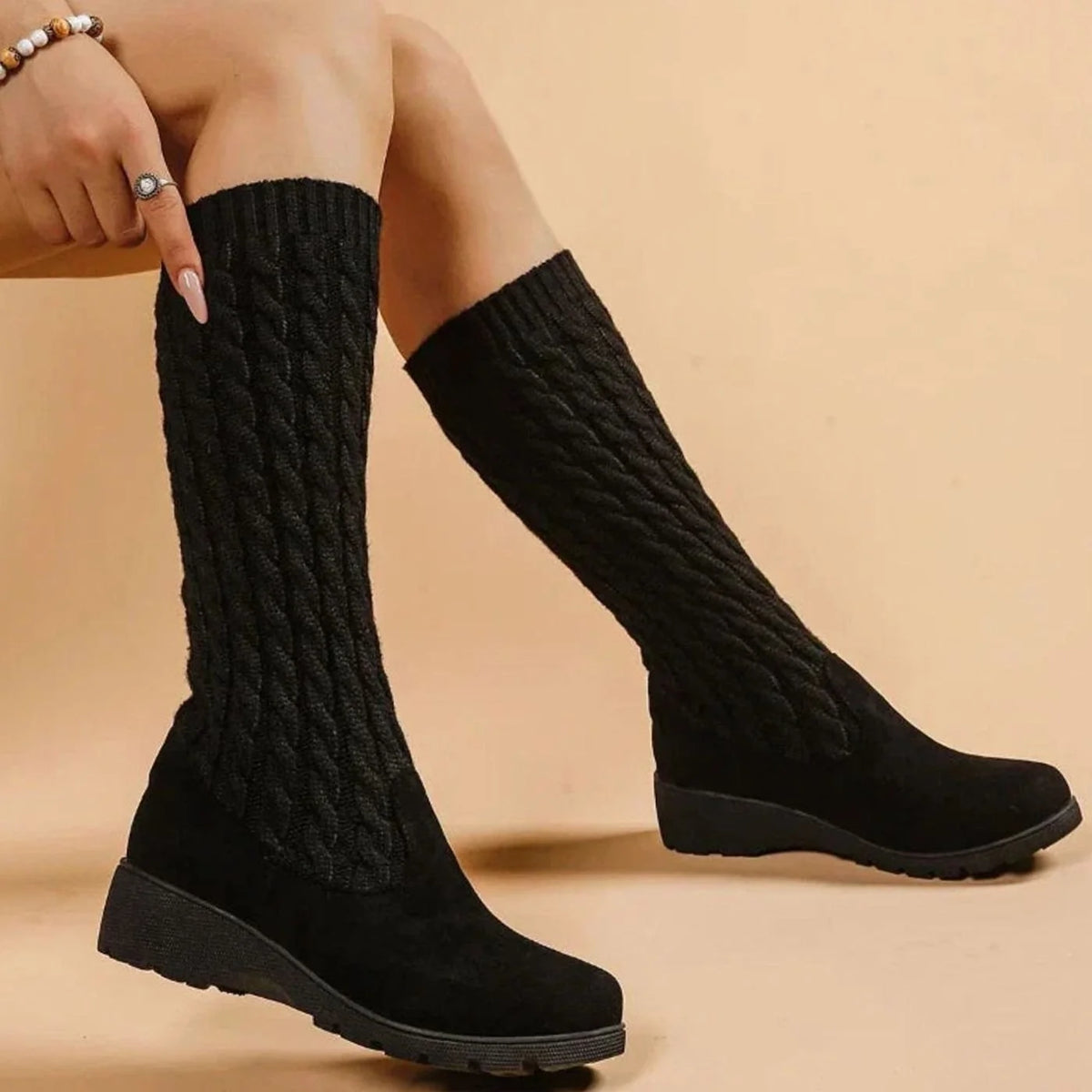 Knee-High Boots Cable-Knit Shaft Orthopedic Cushioning Low Wedge