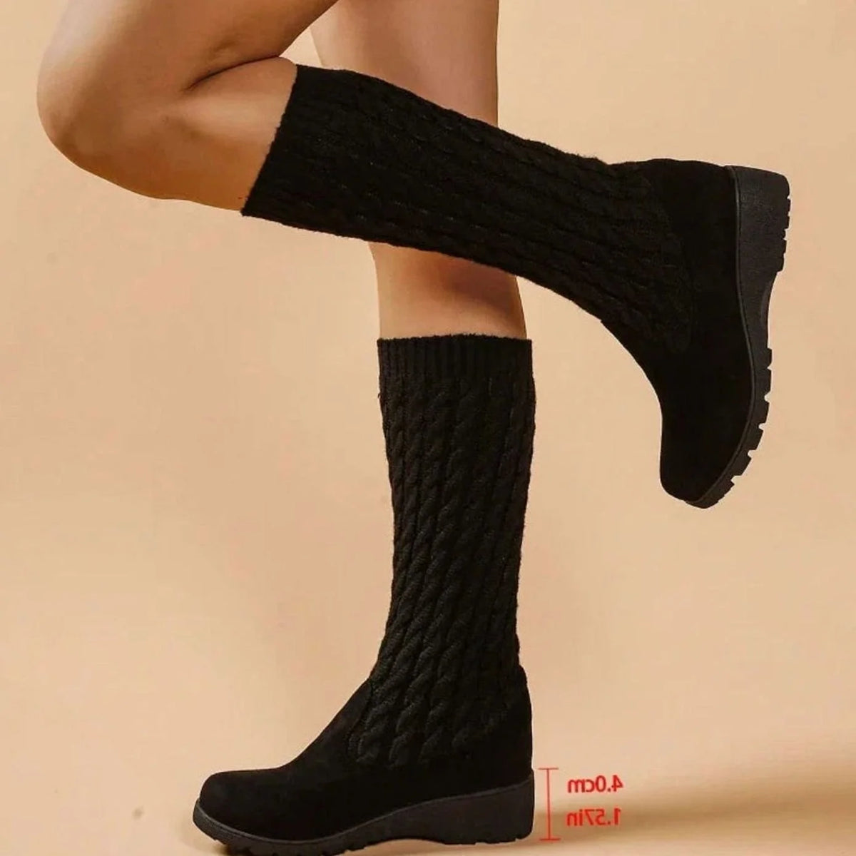 Knee-High Boots Cable-Knit Shaft Orthopedic Cushioning Low Wedge