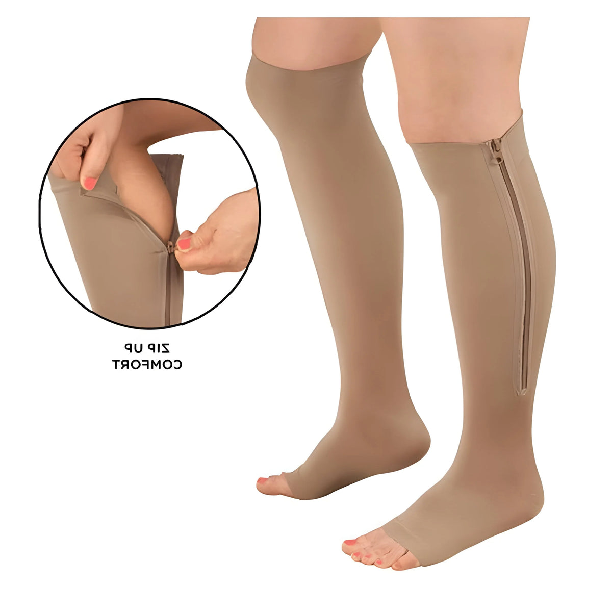 Knee-High Compression Socks Side-Zip Graduated Compression Open Toe