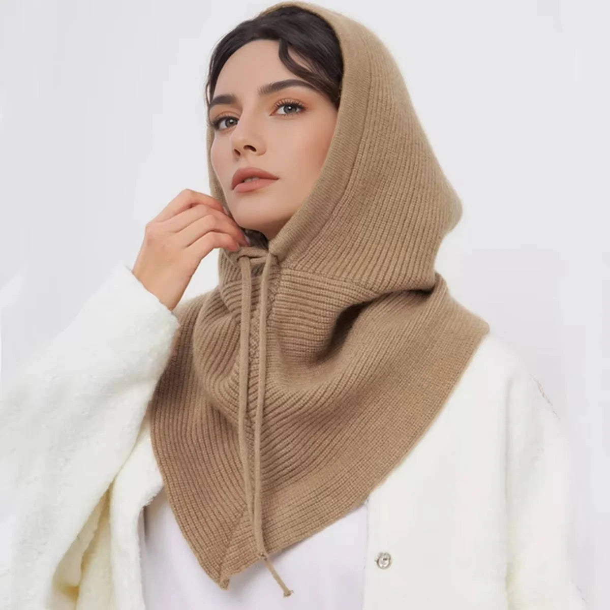 Knit Hooded Scarf Adjustable Drawstring Breathable Wind-Blocking