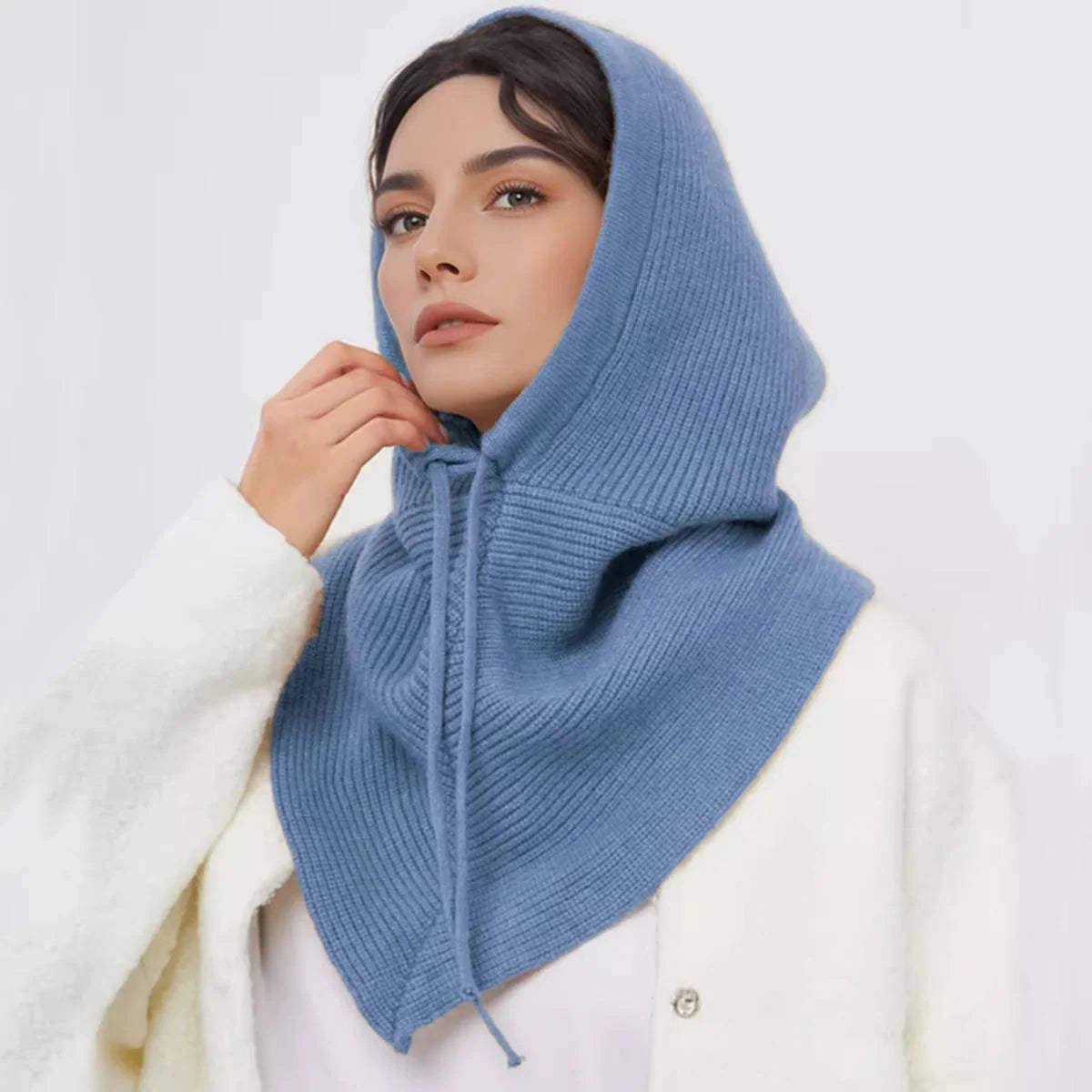 Knit Hooded Scarf Adjustable Drawstring Breathable Wind-Blocking