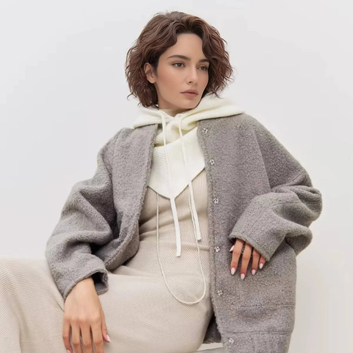 Knit Hooded Scarf Adjustable Drawstring Breathable Wind-Blocking