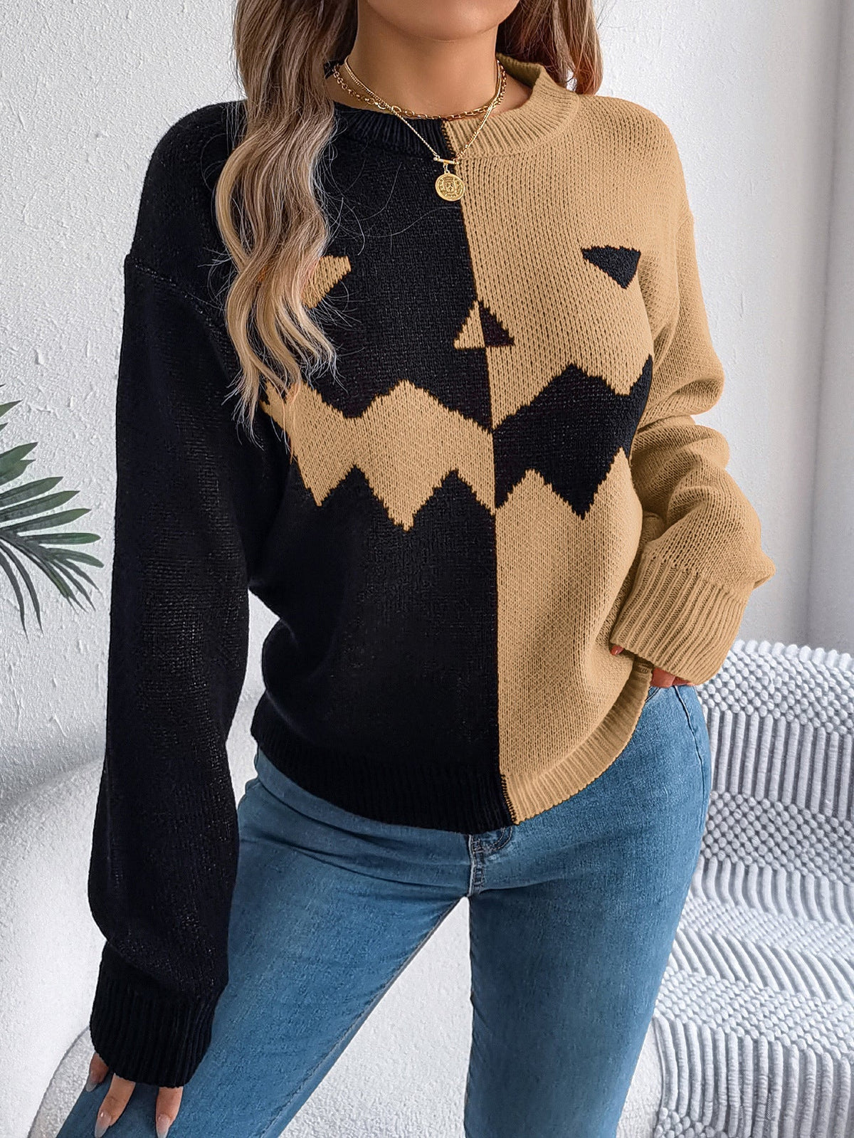 Knit Sweater Jack-O'-Lantern Pattern Ribbed Cuffs and Hem