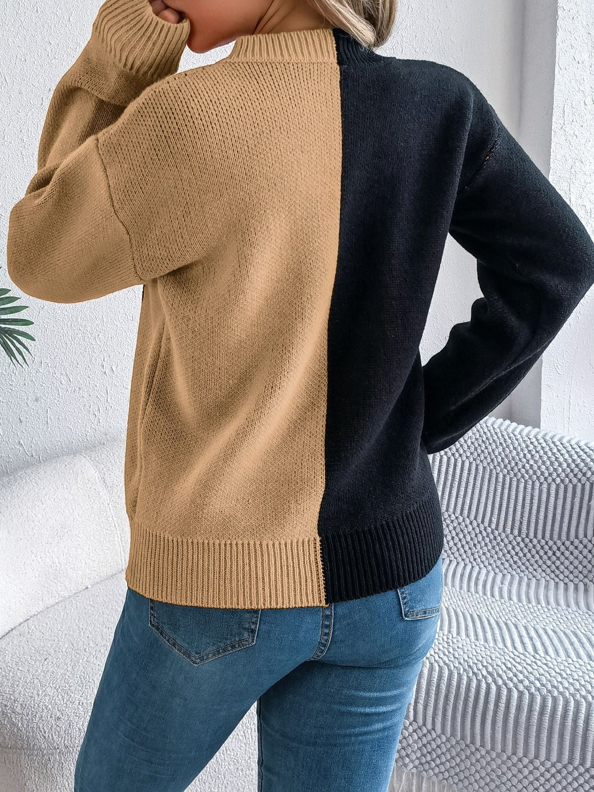 Knit Sweater Jack-O'-Lantern Pattern Ribbed Cuffs and Hem