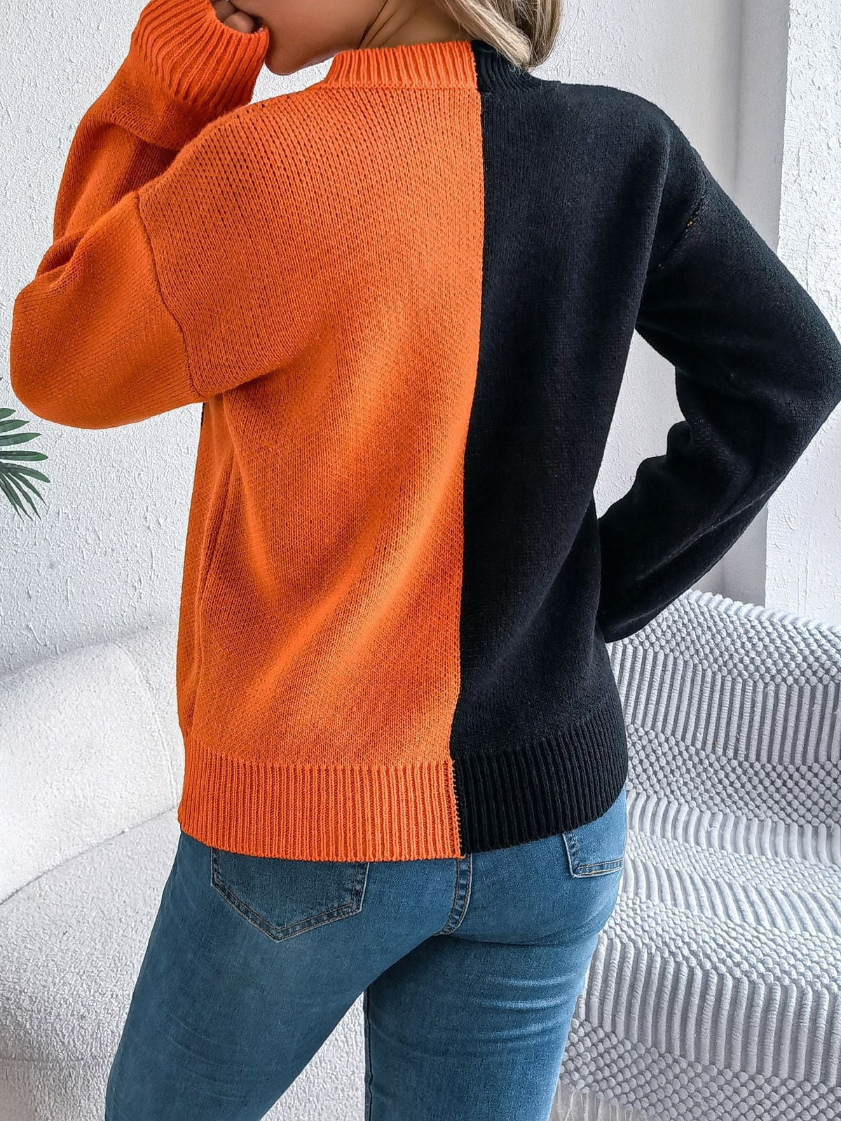 Knit Sweater Jack-O'-Lantern Pattern Ribbed Cuffs and Hem