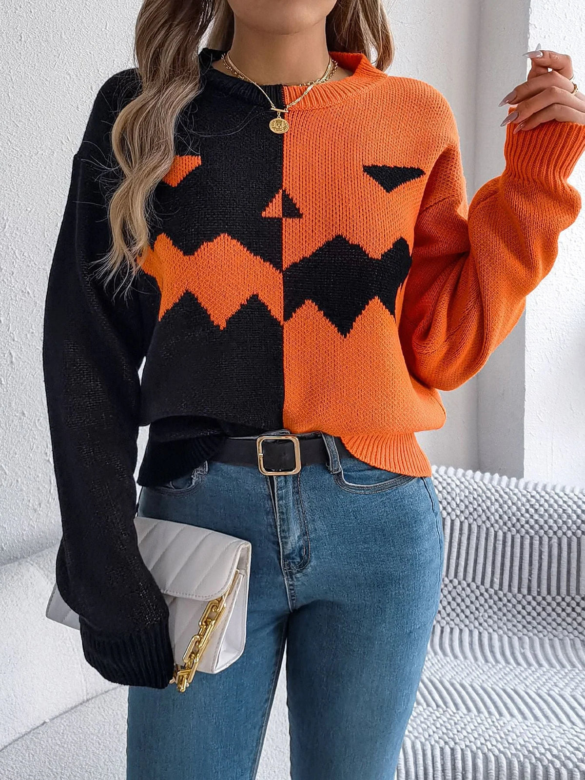 Knit Sweater Jack-O'-Lantern Pattern Ribbed Cuffs and Hem