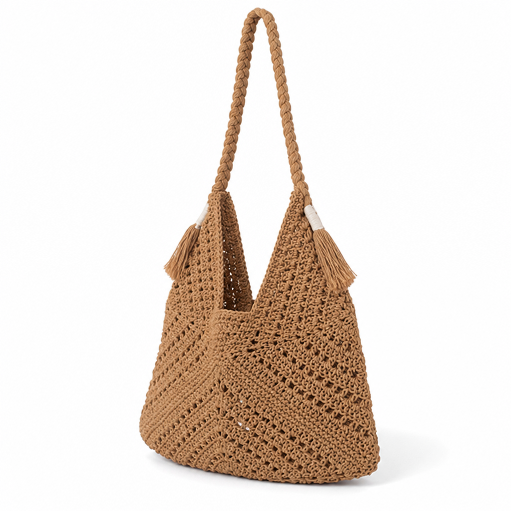 Knotted Woven Natural Fiber Beach Bag (Braided Handle)