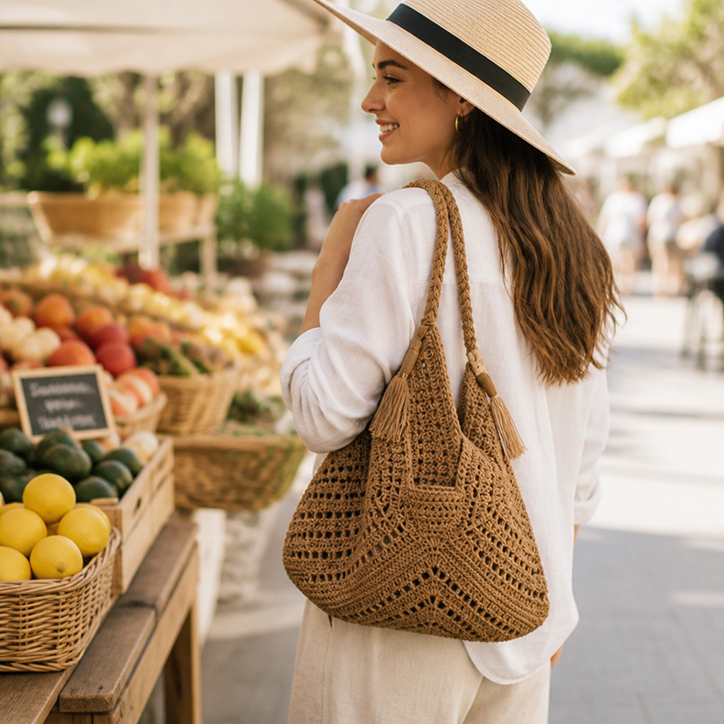 Knotted Woven Natural Fiber Beach Bag (Braided Handle)