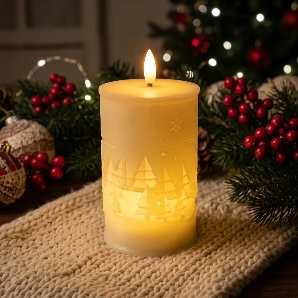 LED Candle Fir Tree & Snowflake Relief Battery-Operated Timer