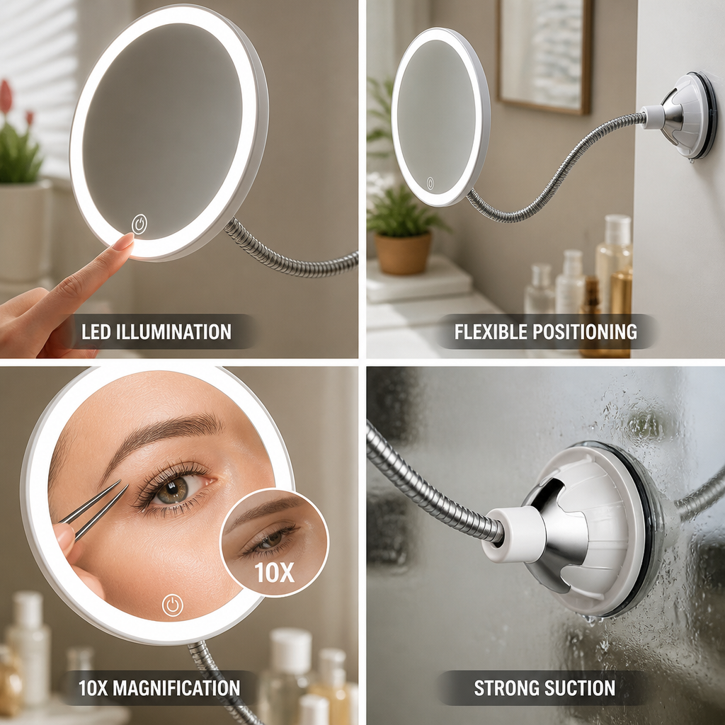 LED Magnifying Makeup Mirror (Flexible Arm & Suction Cup)