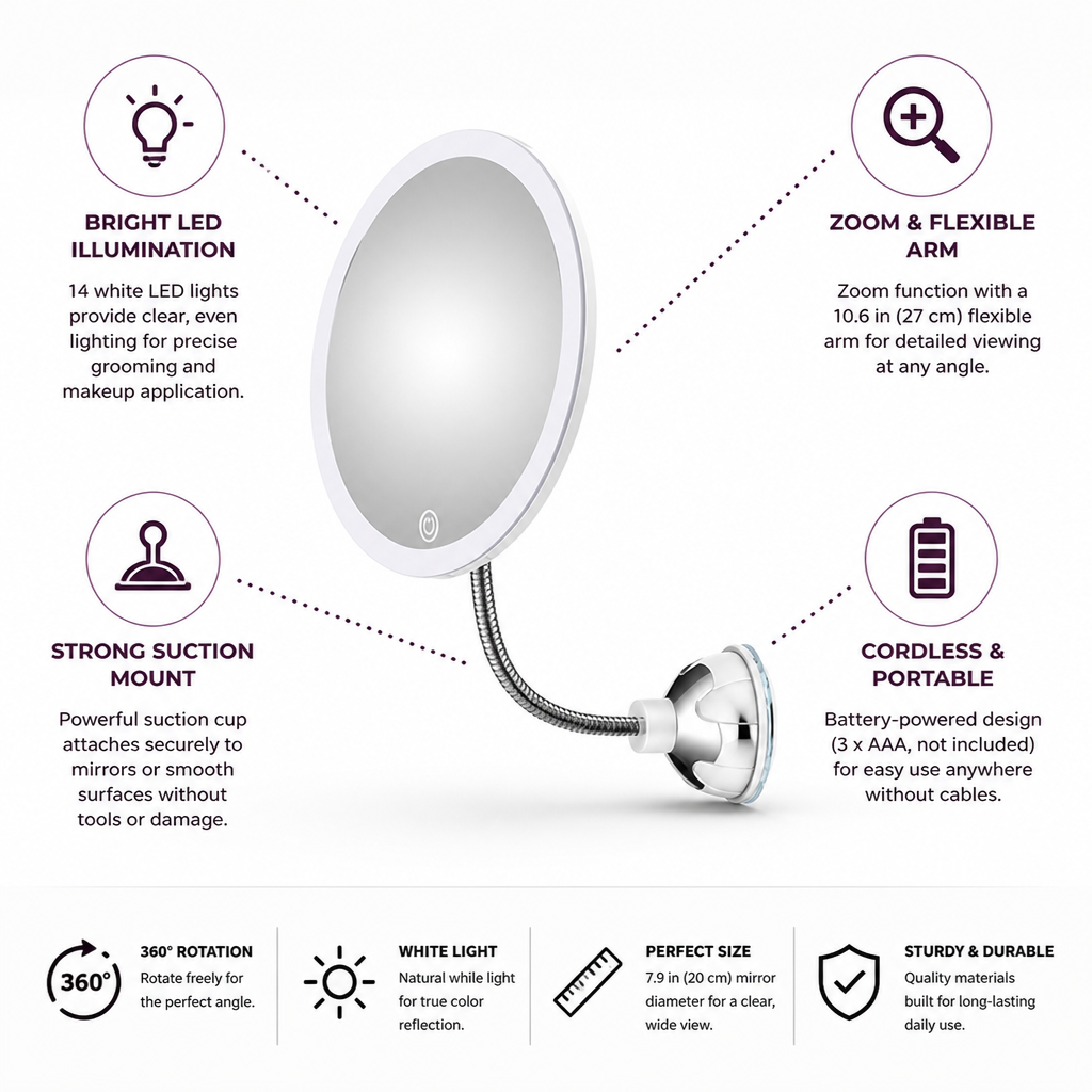 LED Magnifying Makeup Mirror (Flexible Arm & Suction Cup)