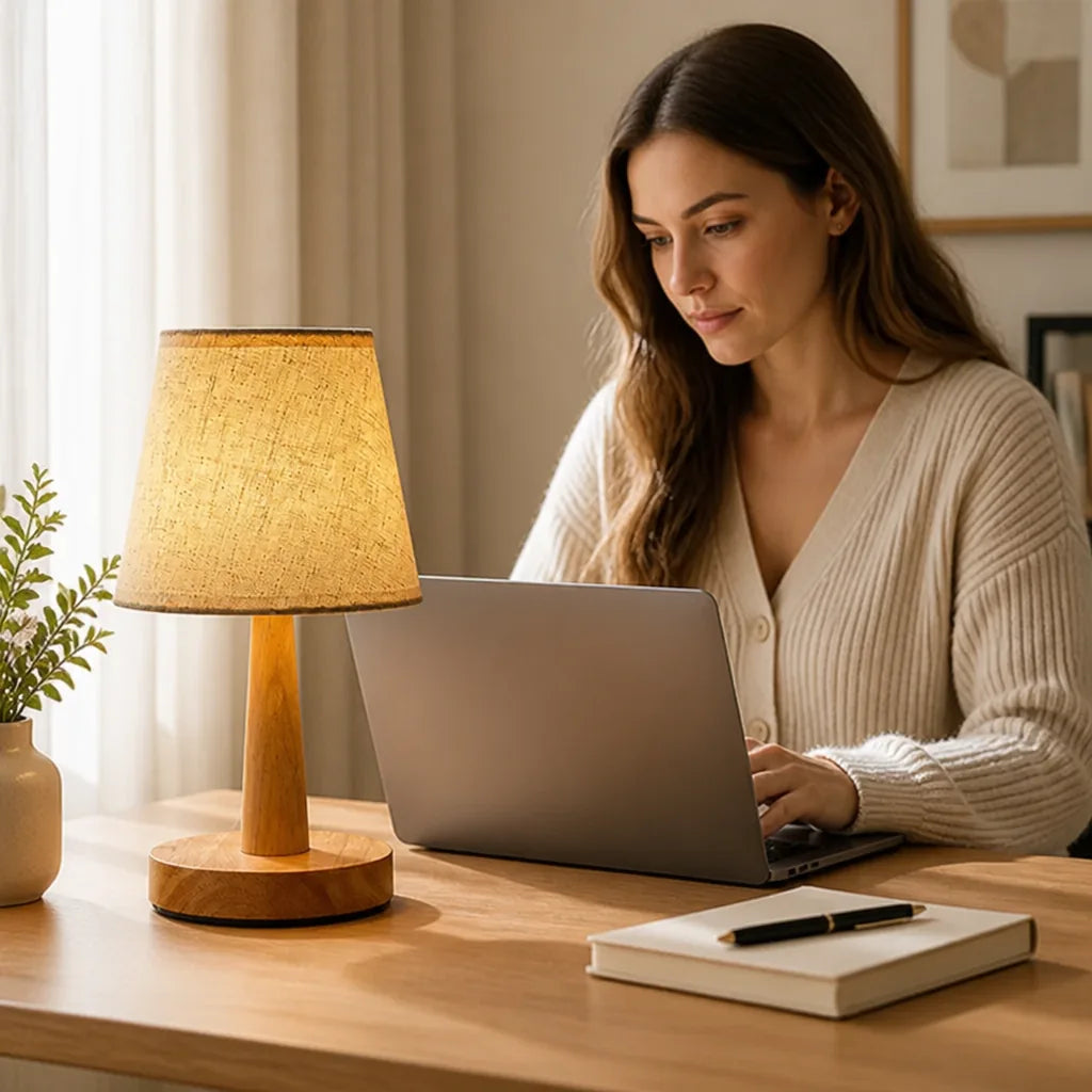 LED Table Lamp Wood & Fabric USB-Powered