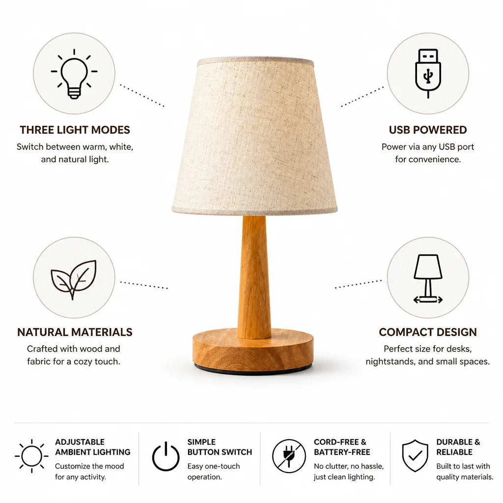 LED Table Lamp Wood & Fabric USB-Powered