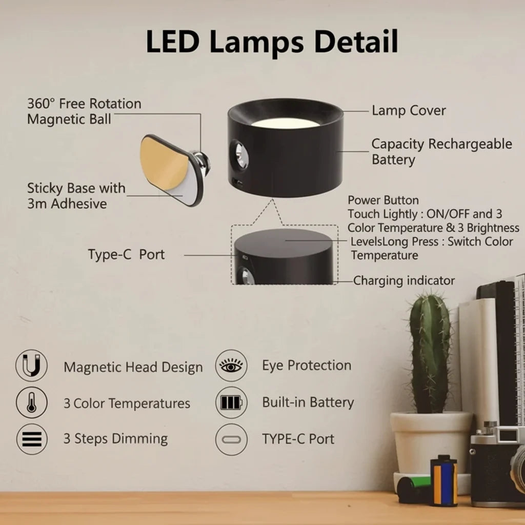 LED Wall Light Magnetic Mount USB Rechargeable & Touch Dimmer