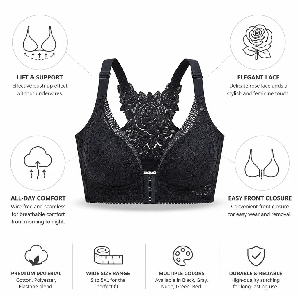 Lace Bra Front Closure Wire-Free Lift