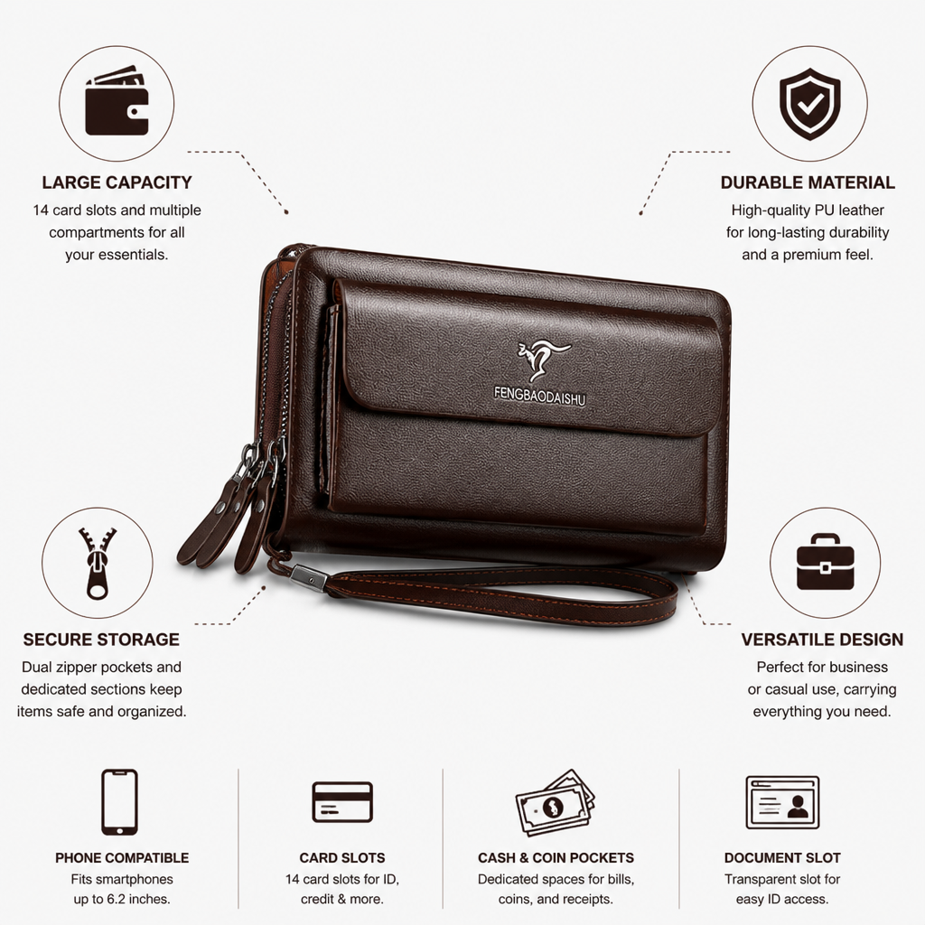 Large-Capacity PU Leather Clutch Wallet (14 Card Slots)