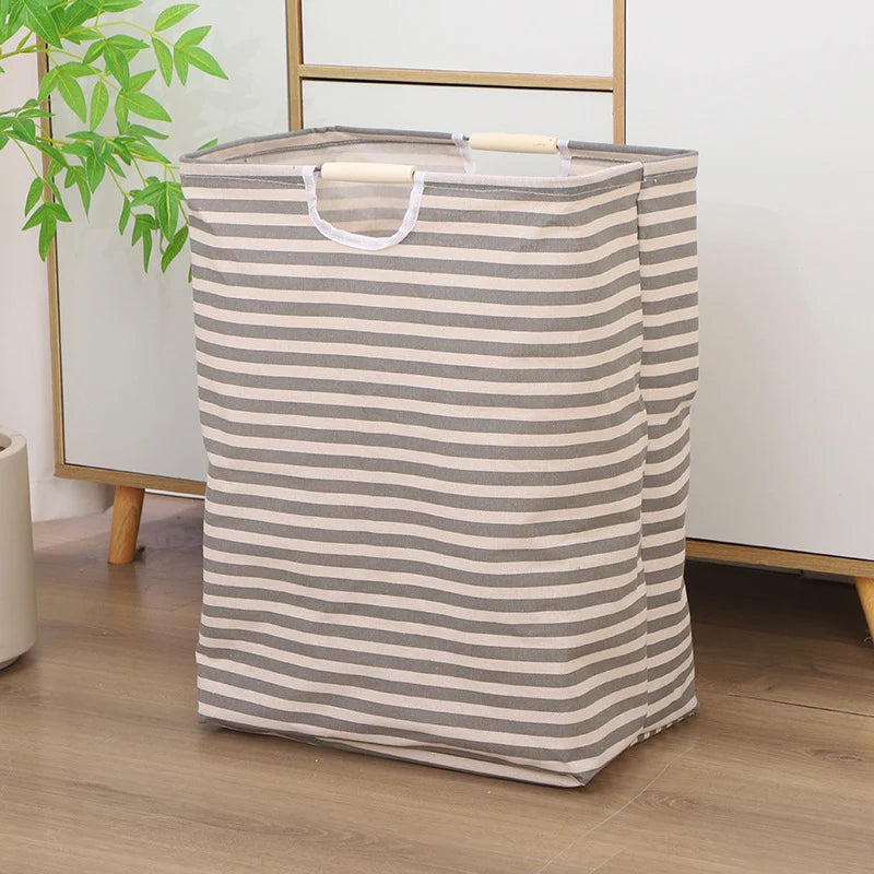 Laundry Basket Foldable Cotton-Linen Wooden Handles