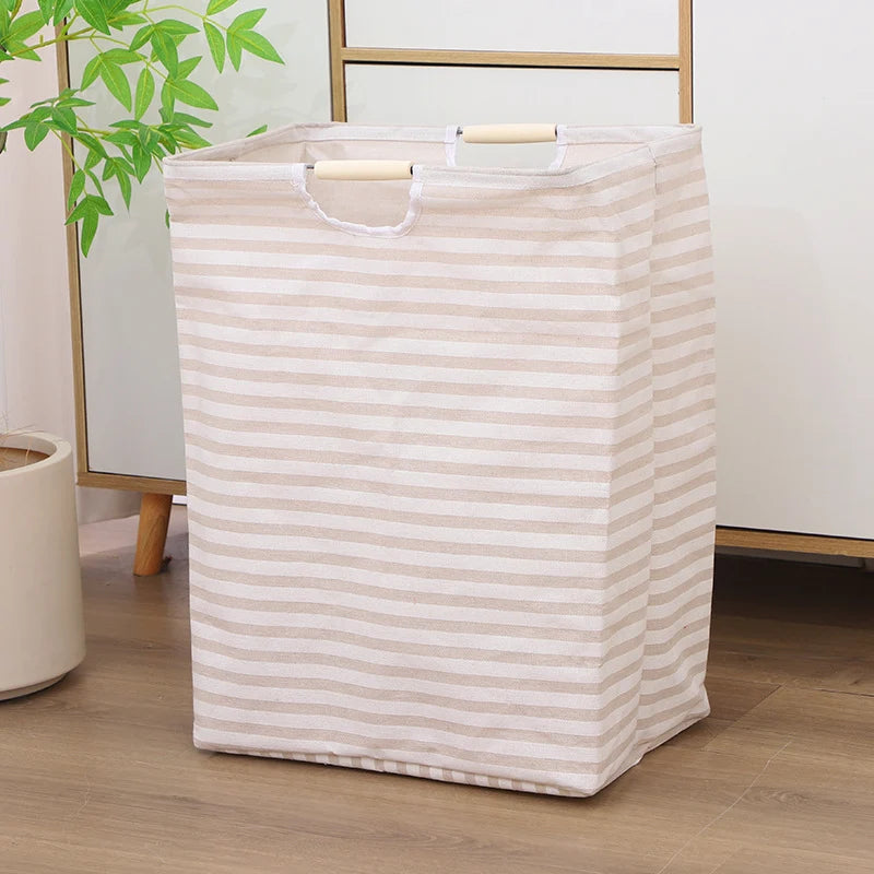 Laundry Basket Foldable Cotton-Linen Wooden Handles
