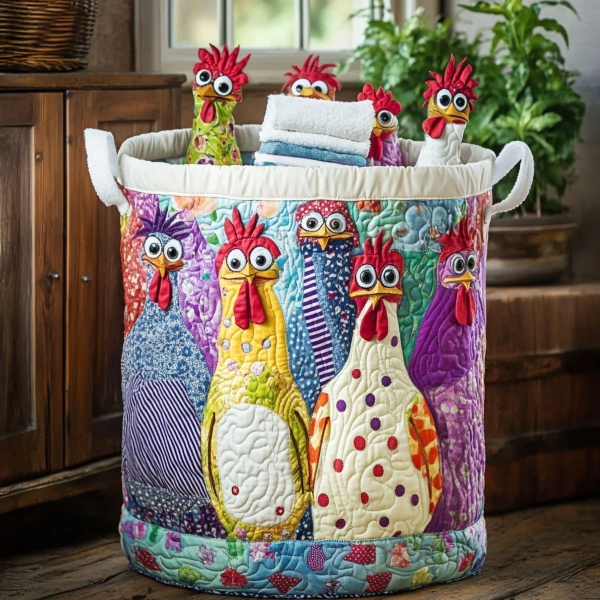 Laundry Basket Quilted Rooster Motif Reinforced Handles