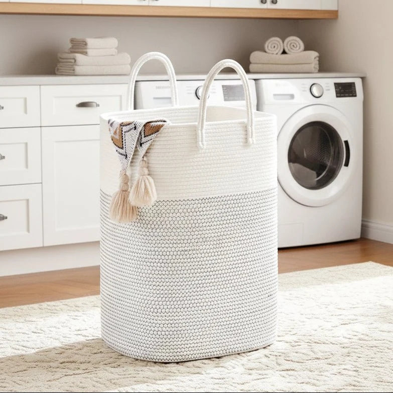 Laundry Basket Woven Cotton Foldable With Carry Handles