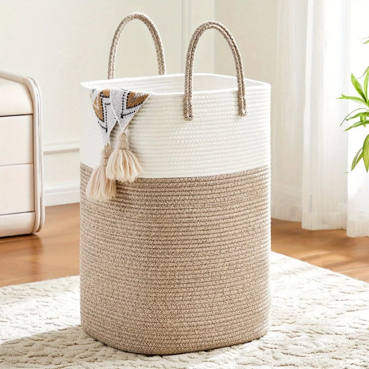 Laundry Basket Woven Cotton Foldable With Carry Handles