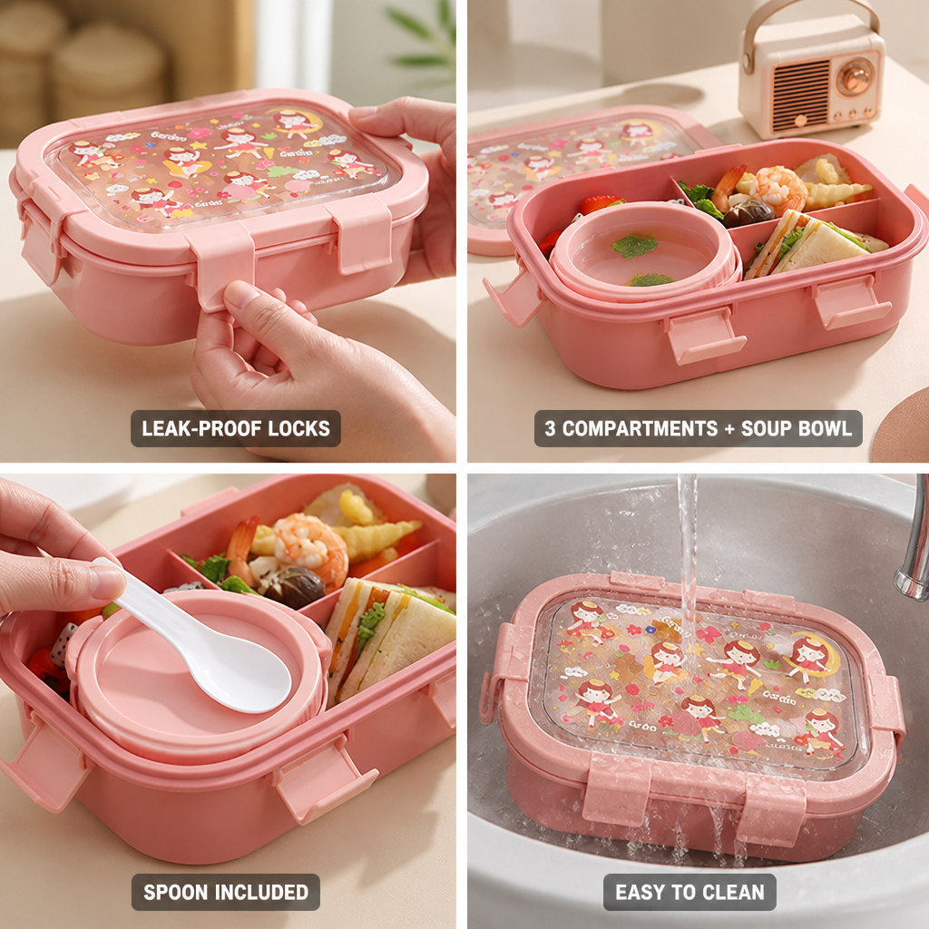 Leak-Proof 3-Compartment Bento Lunch Box (Spoon Included)
