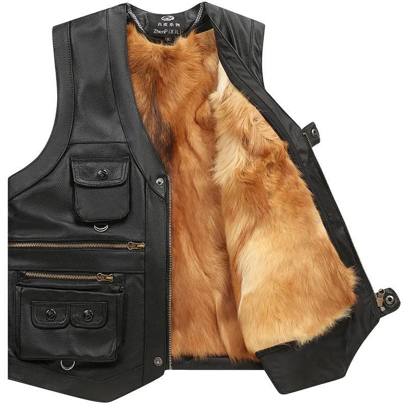 Leather Vest Cashmere Lined Sleeveless Zip-Up